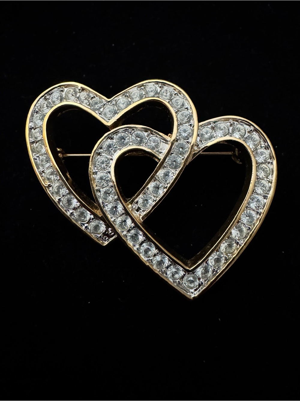 Roman Interlocking Double Heart Brooch with Pave’ Style Rhinestones in Gold Tone